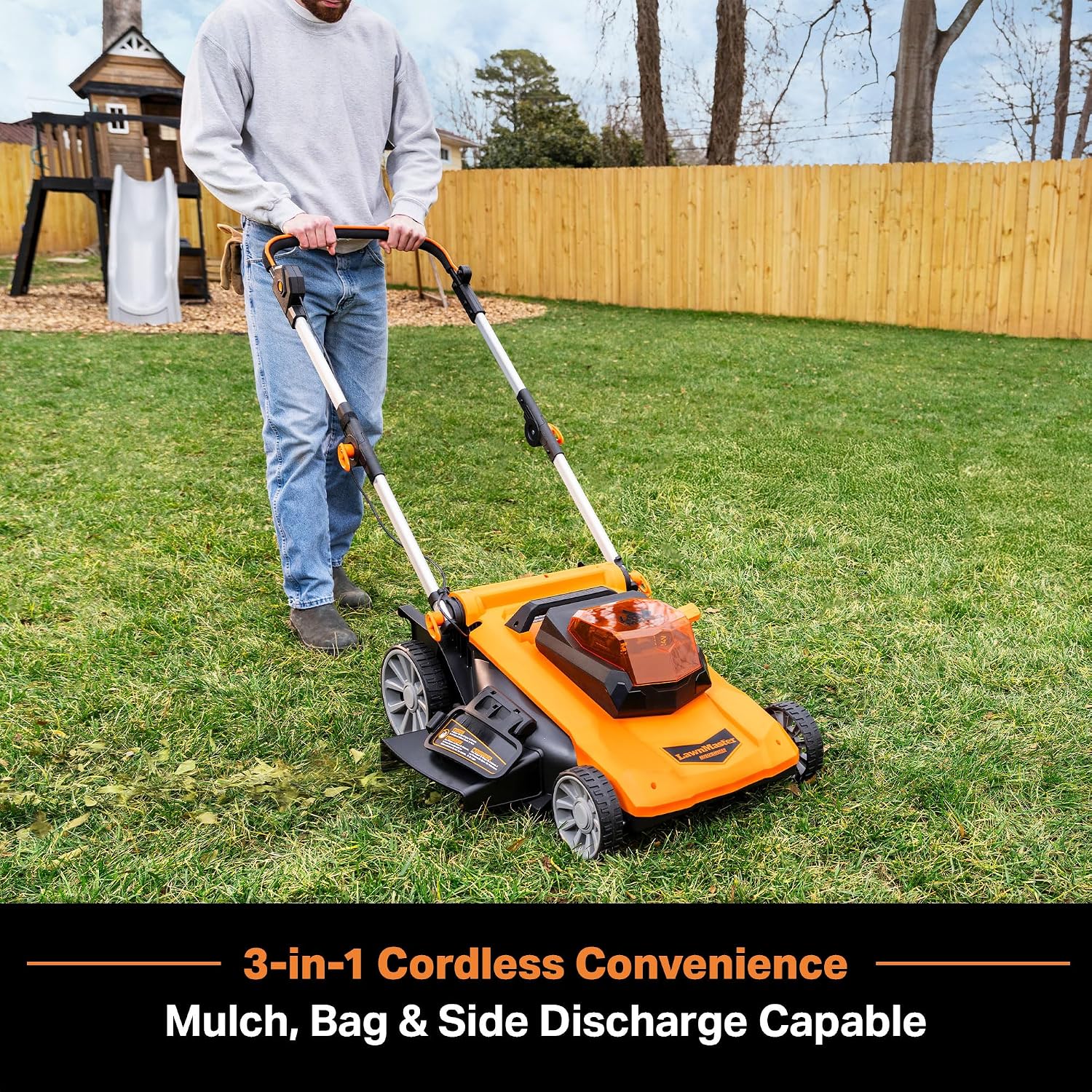 LawnMaster CLMF4821A Cordless Lawn Mower Brushless 48V MAX 21Inch 3-in-1 Function with 4X24V MAX 4.0Ah Battery and a Dual Charger