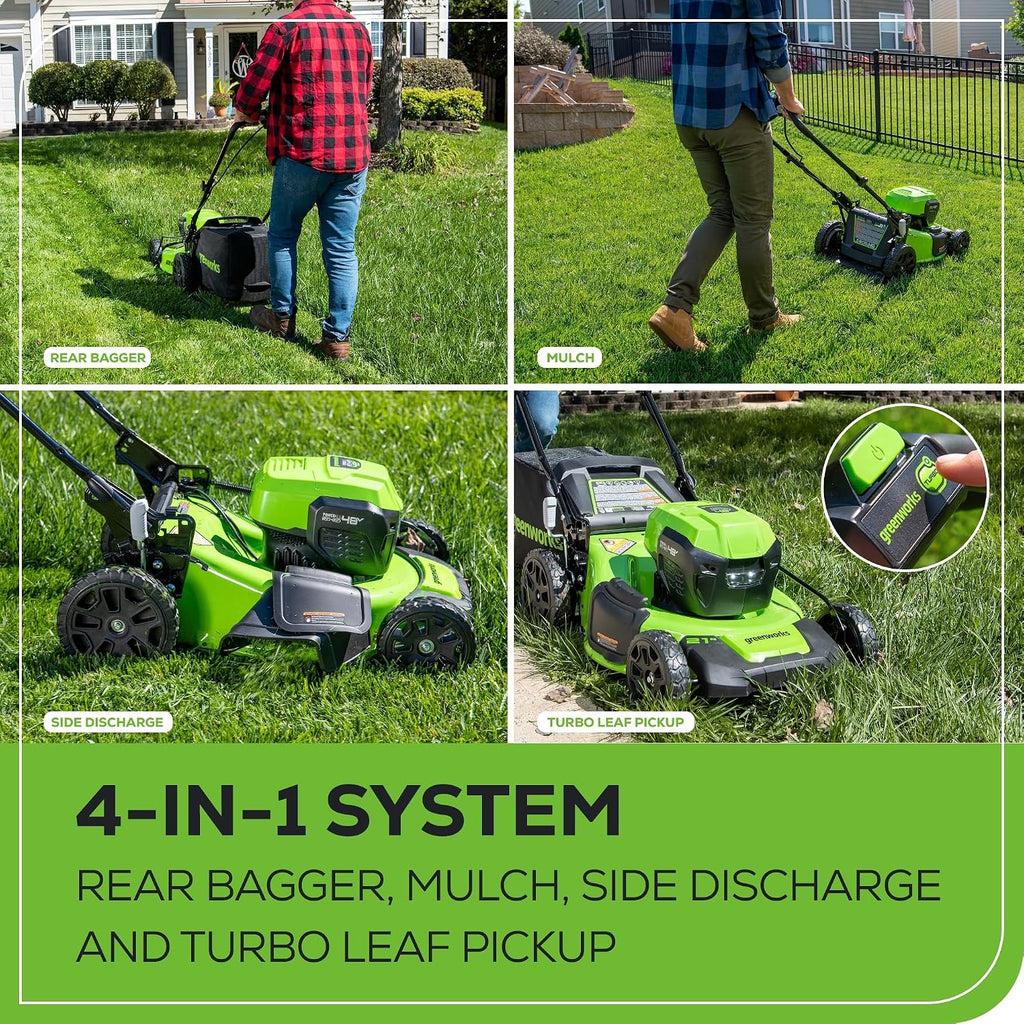 Greenworks 48V (24V x 2) 20' Brushless Cordless Lawn Mower + 12' String Trimmer + 320 CFM Leaf Blower Combo Kit with (2) 4.0Ah Batteries & Dual Port Fast Charger