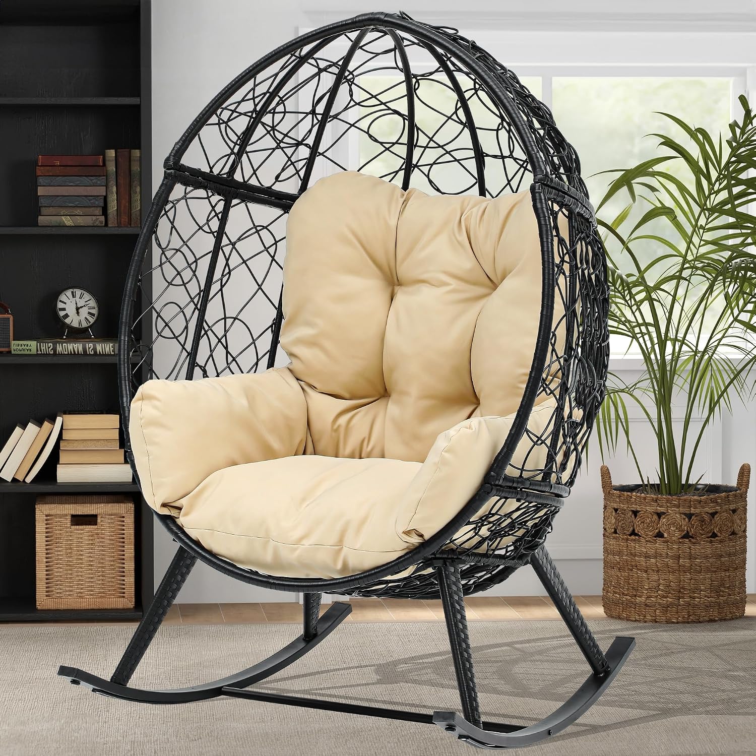 DWVO Wicker Rocking Egg Chair, Oversized Indoor Outdoor Rattan Rocking Chair, Indoor Outdoor Lounger for Patio, Backyard, Living Room, Black & Beige