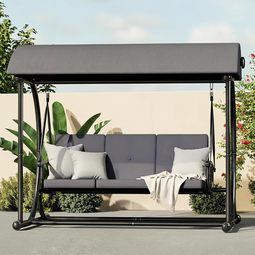 3 Seat Patio Swing with Canopy, Convertible Porch Swing Bed for Adults, Heavy Duty Outdoor Swing Chair with Stand for Backyard Garden Balcony, Thick Cushion, Gray