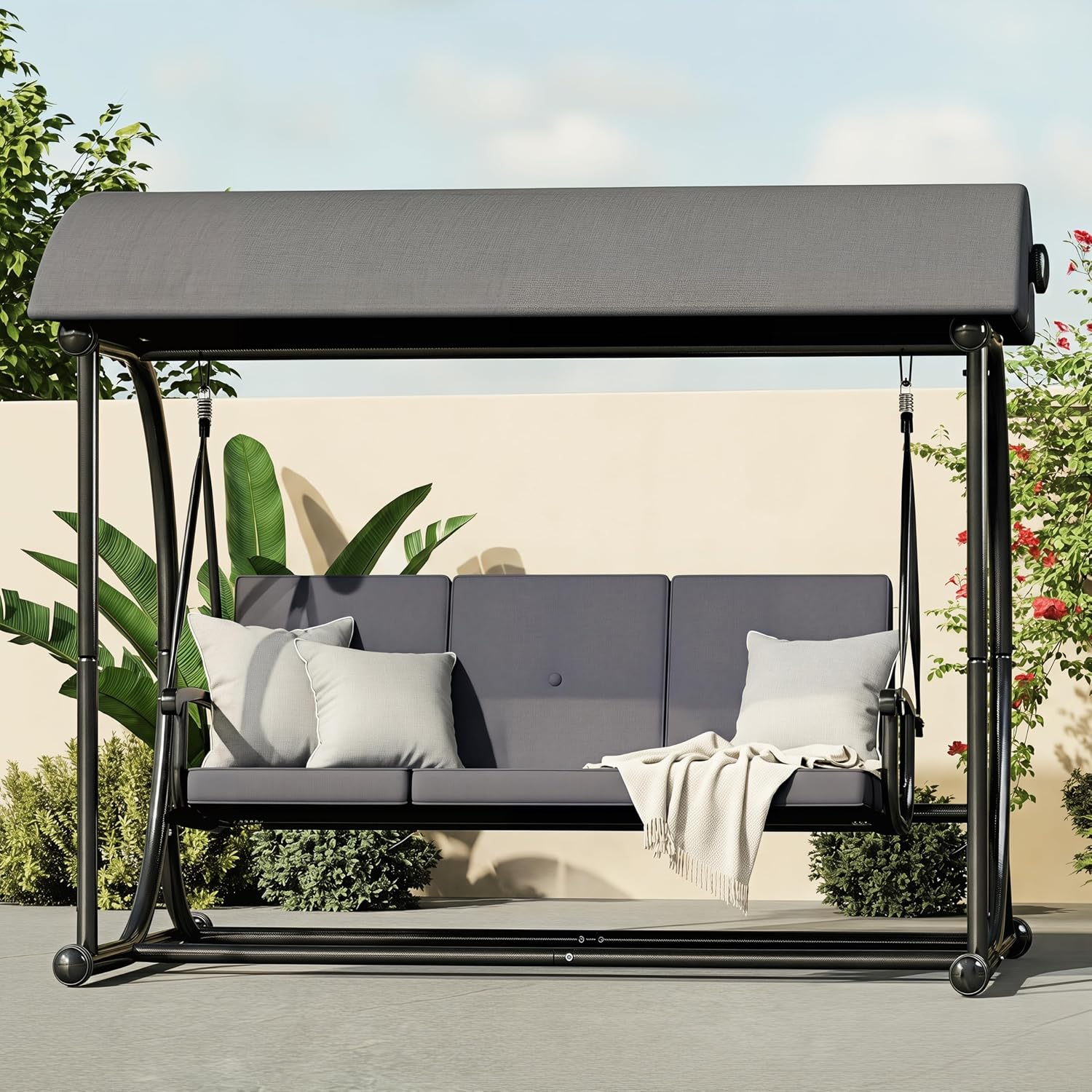 3 Seat Patio Swing with Canopy, Convertible Porch Swing Bed for Adults, Heavy Duty Outdoor Swing Chair with Stand for Backyard Garden Balcony, Thick Cushion, Gray