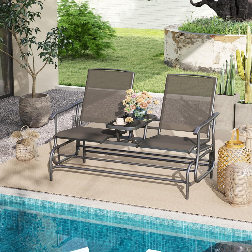 Tangkula 2 Person Swing Glider Chair, Patio Rocking Loveseat w/Center Tempered Glass Table, Outdoor Swing Bench w/Steel Frame & Breathable Mesh Fabric for Porch, Balcony, Poolside (Black)