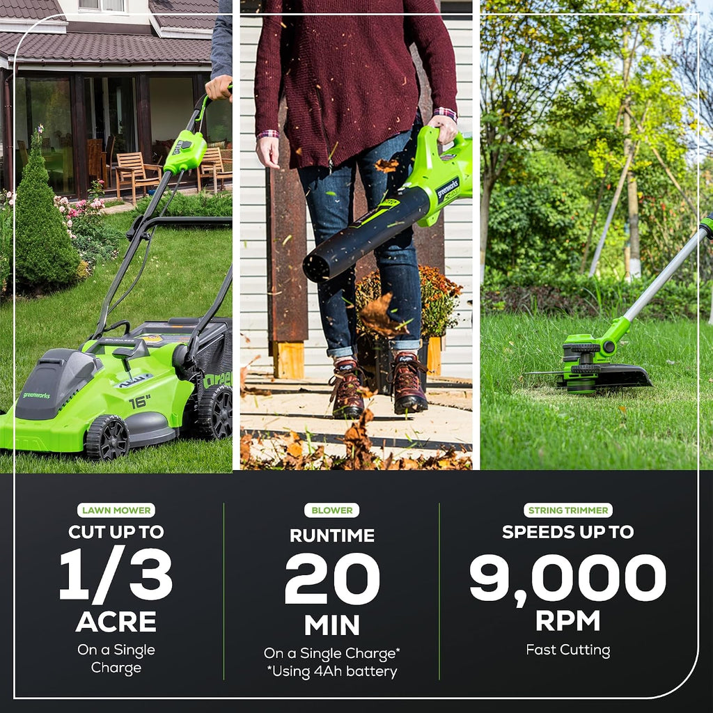 Greenworks 40V 16' Brushless Cordless (Push) Lawn Mower + Blower (350 CFM) + 13' String Trimmer (Bonus Spools), 4.0Ah + 2.0Ah Battery and Charger Included (75+ Compatible Tools)