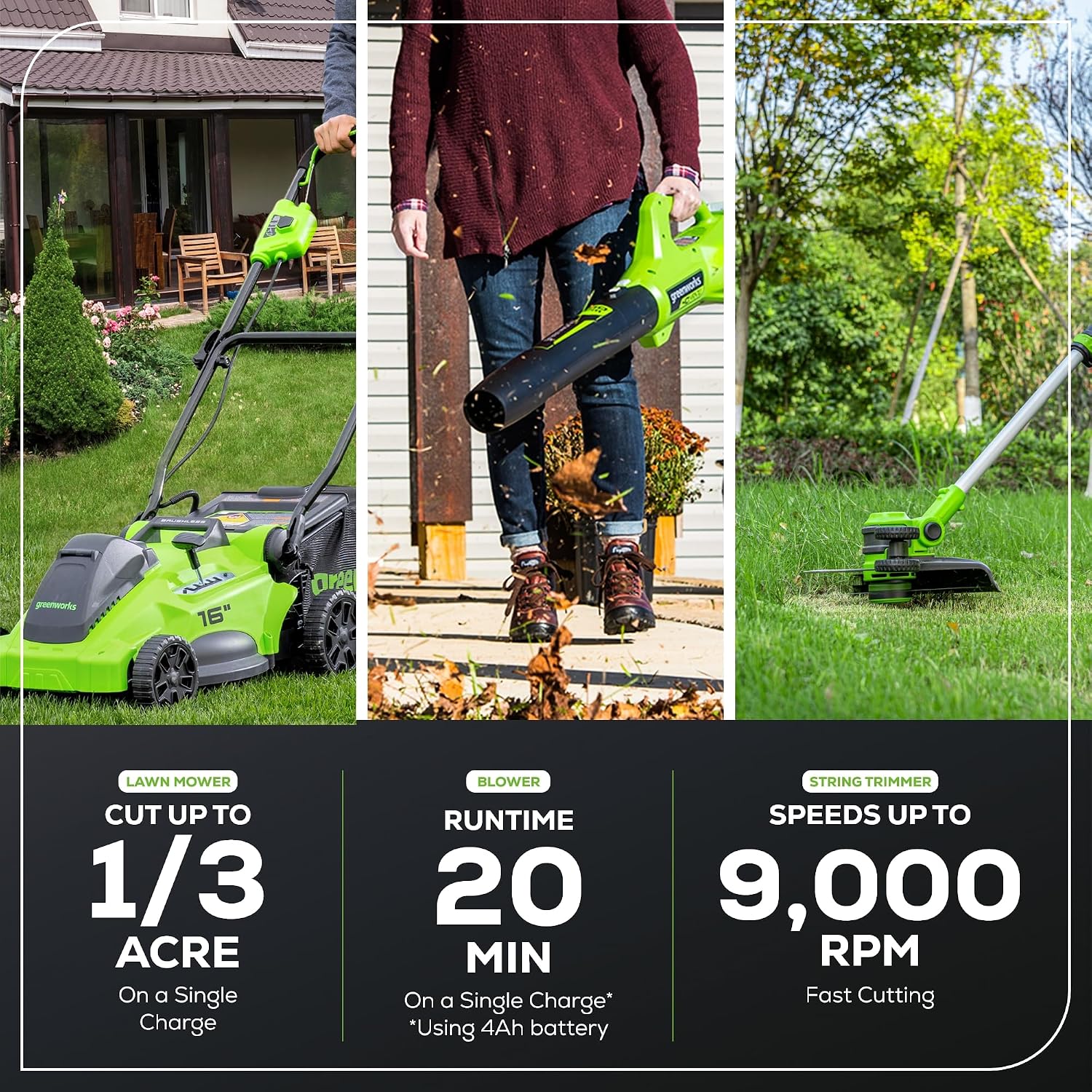 Greenworks 40V 16' Brushless Cordless (Push) Lawn Mower + Blower (350 CFM) + 13' String Trimmer (Bonus Spools), 4.0Ah + 2.0Ah Battery and Charger Included (75+ Compatible Tools)