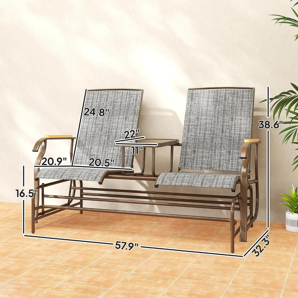 Outsunny 2 Person Outdoor Glider Bench, Patio Swing Glider Chair Loveseat with Breathable Mesh, Table, Steel Frame for Garden, Backyard, Porch, Gray