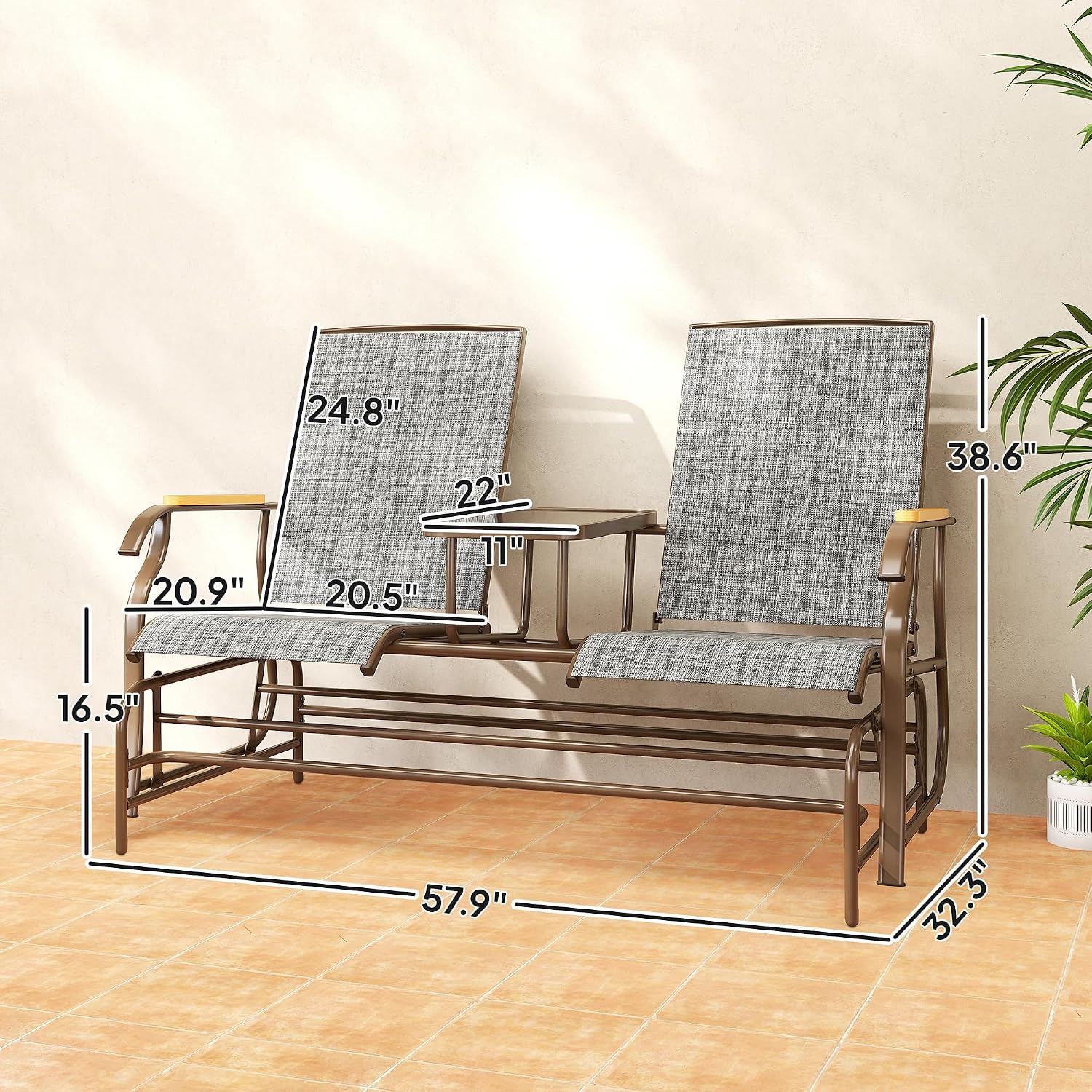 Outsunny 2 Person Outdoor Glider Bench, Patio Swing Glider Chair Loveseat with Breathable Mesh, Table, Steel Frame for Garden, Backyard, Porch, Gray