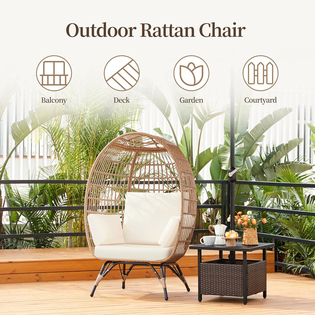 Yaheetech Egg Rattan Chair, Oversized Indoor/Outdoor Egg-Shaped PE Basket Lounger with 4 Cushions, Metal Frame Stand for Patio, Balcony, Backyard, Living Room, Light Brown/Ivory