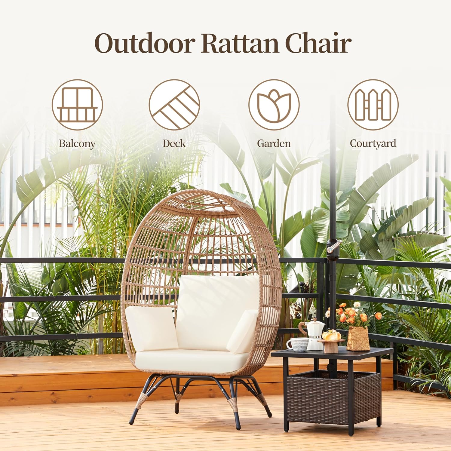 Yaheetech Egg Rattan Chair, Oversized Indoor/Outdoor Egg-Shaped PE Basket Lounger with 4 Cushions, Metal Frame Stand for Patio, Balcony, Backyard, Living Room, Light Brown/Ivory