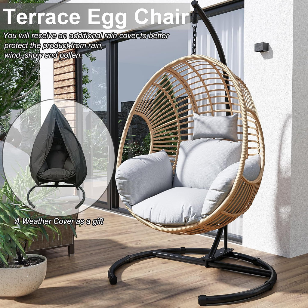 Hanging Egg Chair with Stand - Egg Swing Chair Outdoor Indoor Patio Wicker Chair Swing Hammock Egg Chairs 400lbs Capacity for Outside Patio, Bedroom, Garden and Balcony (Beige-Regular, 2P)