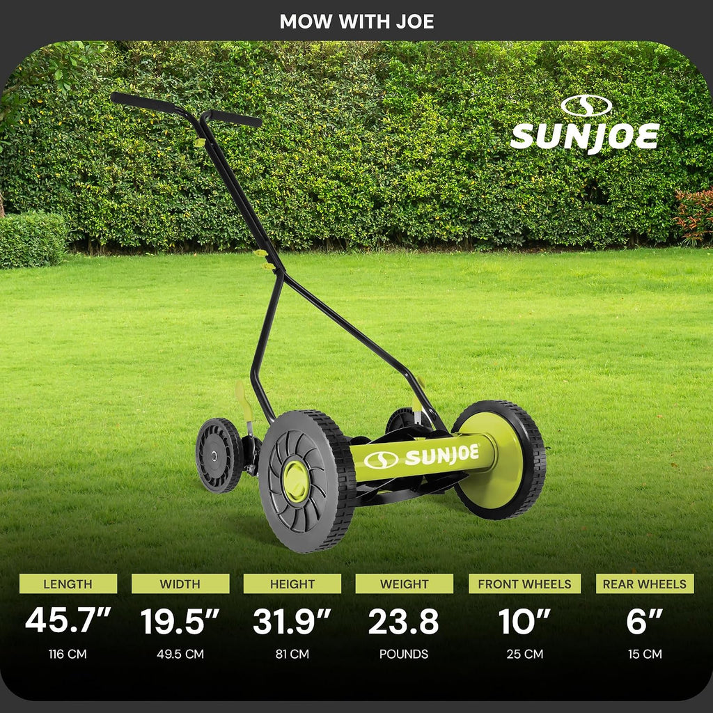 Sun Joe Manual Push Reel Lawn Mower with 9 Adjustable Positions, 14-Inch Cutting Width - Heavy-Duty Yard Trimming Machine for Gardening Care and Maintenance, MJ503M
