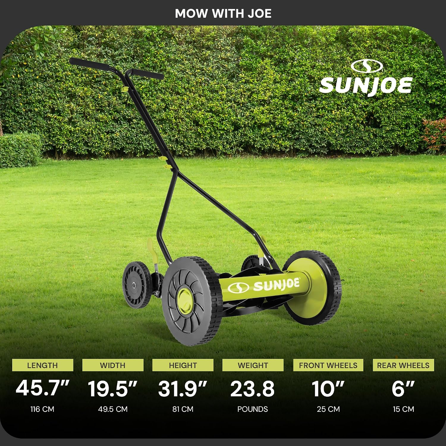 Sun Joe Manual Push Reel Lawn Mower with 9 Adjustable Positions, 14-Inch Cutting Width - Heavy-Duty Yard Trimming Machine for Gardening Care and Maintenance, MJ503M