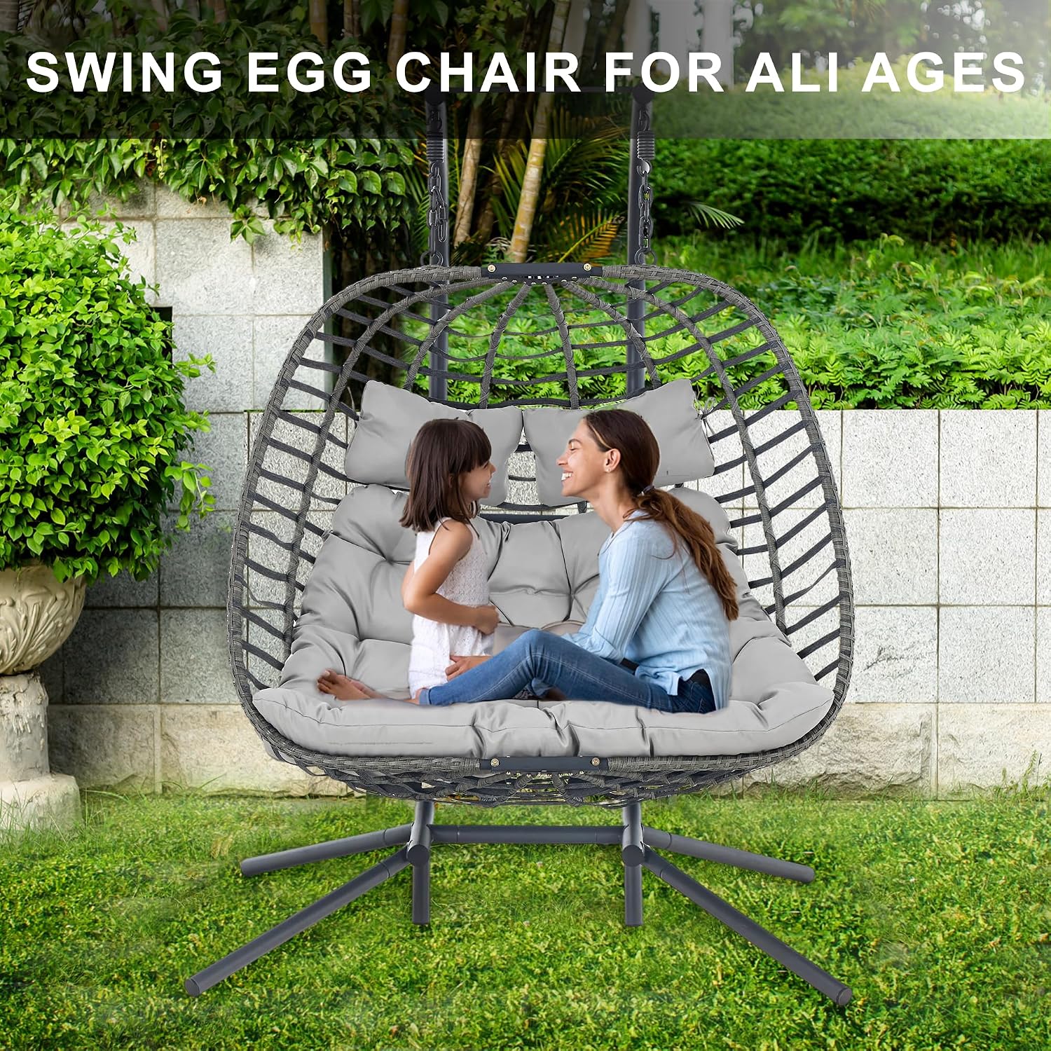 Indoor Outdoor Patio Wicker Hanging Chair Swing Chair Patio Egg Chair UV Resistant Cushion Aluminum Frame (Light Grey with 2 seat)