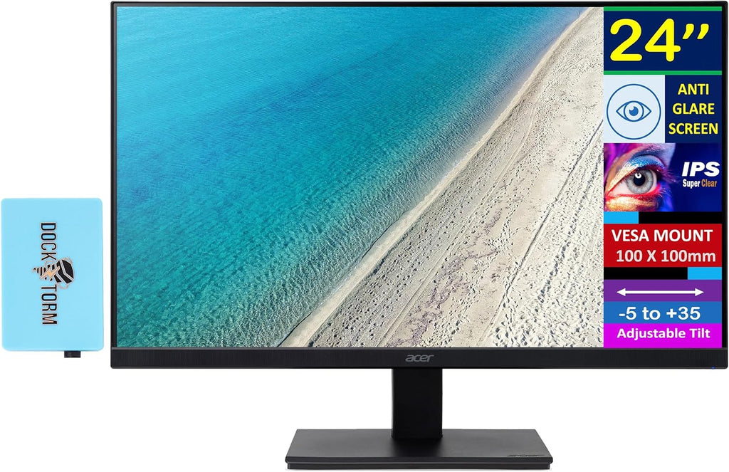 acer 24' FHD IPS Monitor with 4 ms Response Time, Anti-Glare, Adaptive Sync, Integrated Speakers, VESA Mount (100x100mm) & Dockztorm Hub, VGA, HDMI, Black Color