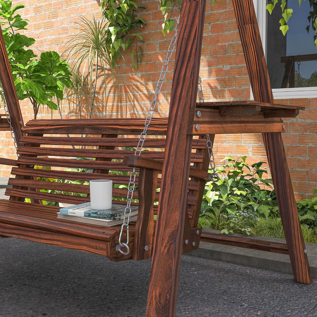 Outsunny 2-Seat orch Swing with Stand, Wooden Patio Swing Chair with Side Tables and Metal Chains, Outdoor Hanging Bench for Garden, Poolside, Backyard, Carbonized