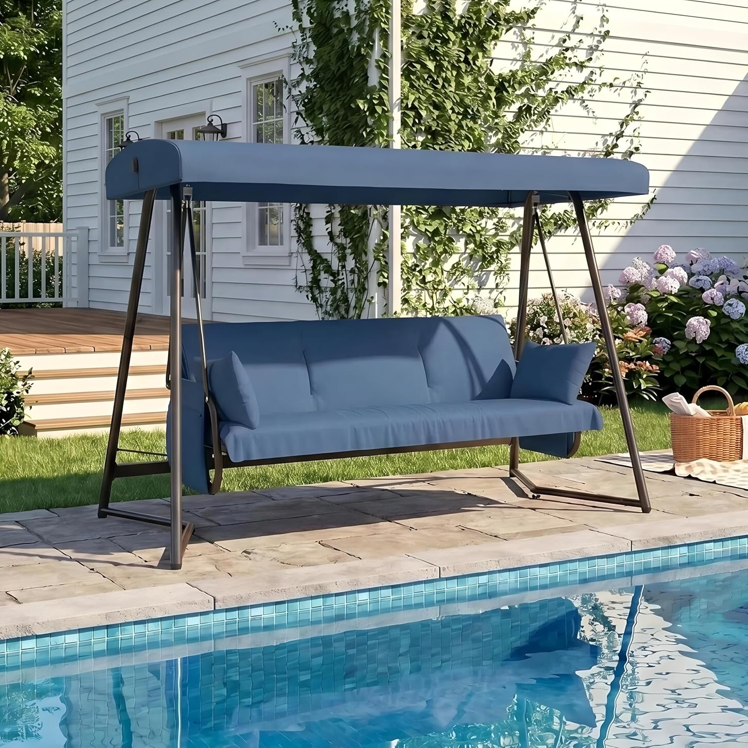 3-4 Seat Oversized Outdoor Porch Swing with Adjustable Backrest Canopy,2-in 1 Swing Bed with Stand 800 lbs Capacity,Patio Swing Chair with Removable Cushions for Yard Garden Poolside Balcony