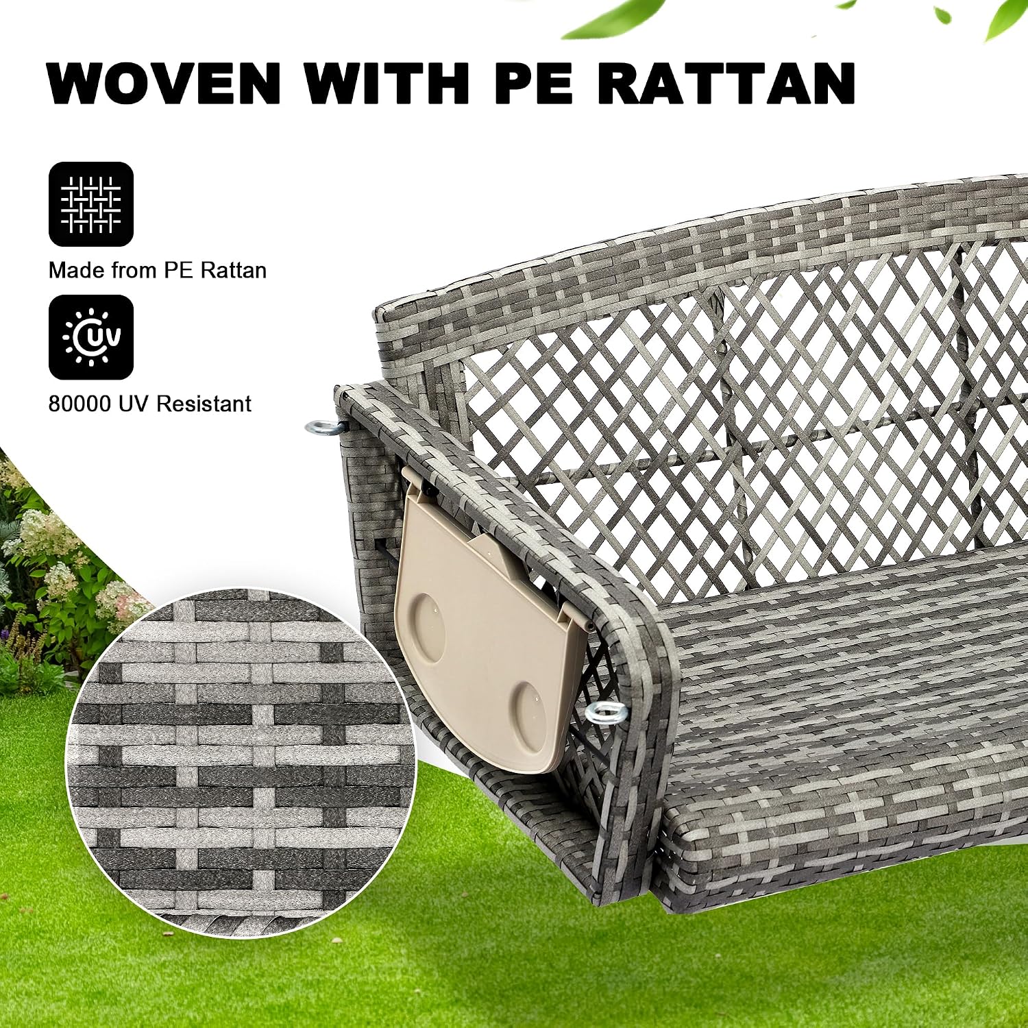 Wicker Porch Swing, 3-Seats Rattan Hanging Swing Chair, Outdoor Patio Grey Rattan Swing Bench with Cushions & Foldable Tray for Patio Backyard Poolside Garden, Khaki