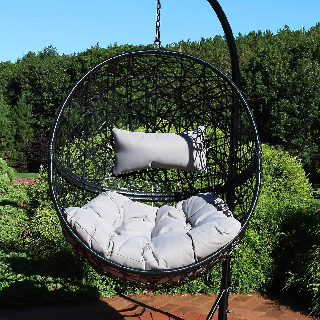 Sunnydaze Jackson Resin Wicker Hanging Egg Chair - 265-Pound Weight Capacity - Removable Gray Polyester Cushions