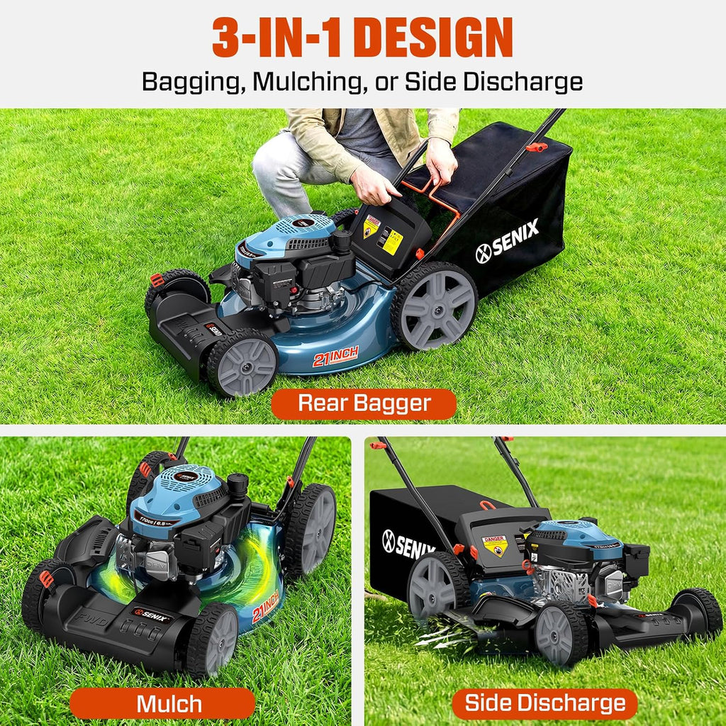 SENIX 21'' Self-Propelled Gas Lawn Mower (FWD), 170 cc 4-Cycle Engine 3.8 HP, 3-in-1 (Bagging/Mulching/Side Discharge), 6-Position Cutting Height Adjustment, 1.7 Bushels Grass Bag