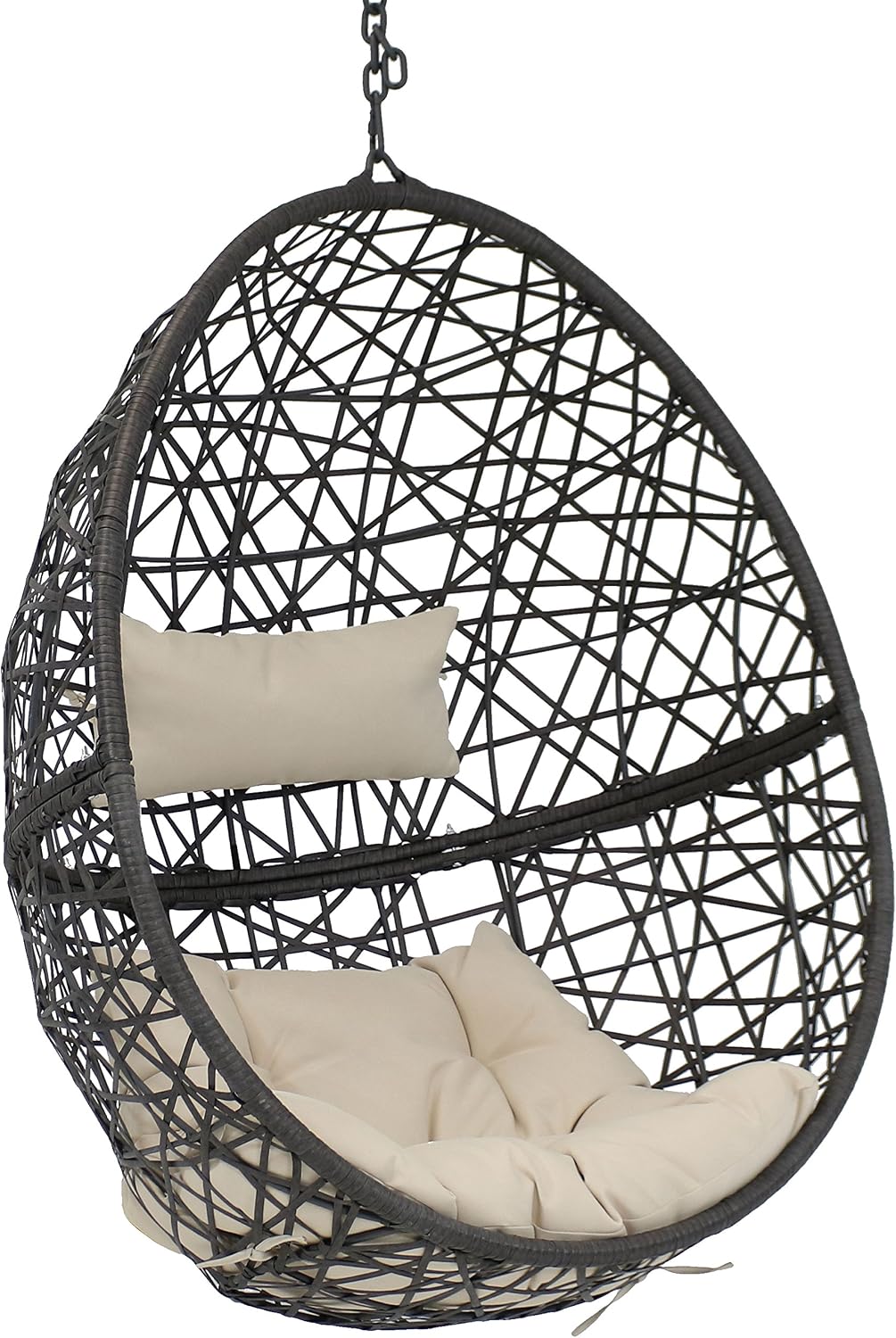 Sunnydaze Caroline Hanging Resin Wicker Egg Chair - 265-Pound Weight Capacity - Removable Beige Polyester Cushions