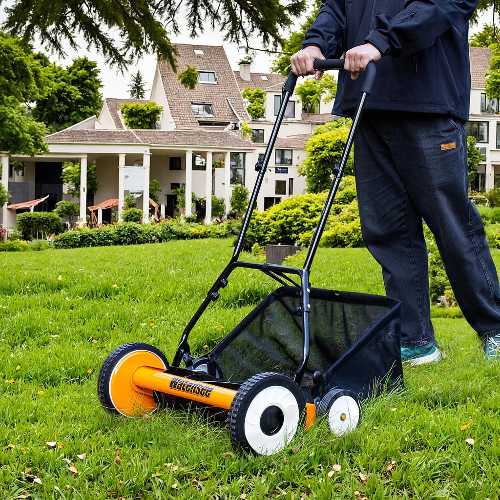 Walensee 20-Inch 5-Blade Push Reel Lawn Mower, Cordless Manual Reel Lawn Mower Walk-Behind Steel Lawn Mowers with Removable 11.8-Gallon Grass Catcher, Sponge Grip, 9-Position Cutting Height Adjustment