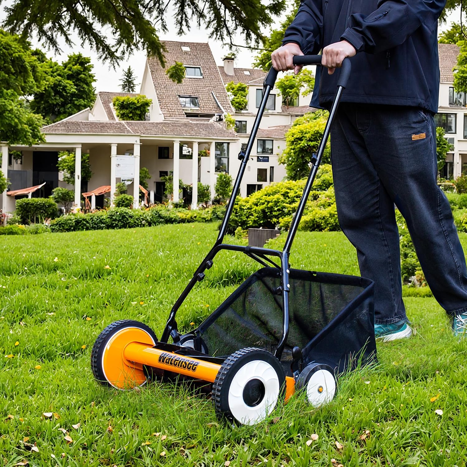 Walensee 20-Inch 5-Blade Push Reel Lawn Mower, Cordless Manual Reel Lawn Mower Walk-Behind Steel Lawn Mowers with Removable 11.8-Gallon Grass Catcher, Sponge Grip, 9-Position Cutting Height Adjustment
