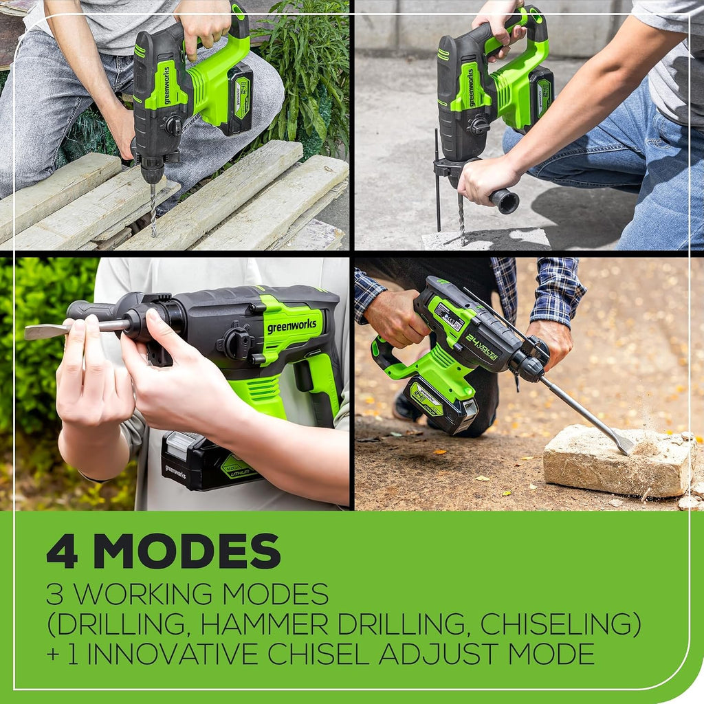 Greenworks 48V (24V x 2) Lawn Mower Combo Kit with 20' Push Mower, 12' String Trimmer, 320 CFM Blower, 3-Ton Car Jack, and 24V Cordless Rotary Hammer, Impact Rate 4500 IPM, Ideal for Yard & Indoor
