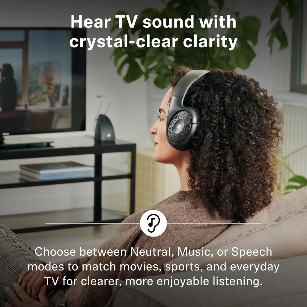 Sennheiser RS 120-W On-Ear Wireless Headphones for Crystal-clear TV Listening with 3 Sound Modes, Lightweight Design, Easy Volume Control, 60 m Range and Convenient Transmitter/Charger Combo - Black