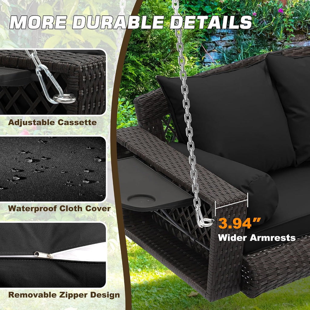 Grepatio Wicker Hanging Porch Swing - Outdoor 3 Person Patio Swing Bench with Cushion & Chains - 3-Seat Porch Swing Chair with Cup Holder for Garden, Yard, Lawn (Black Brown Rattan)