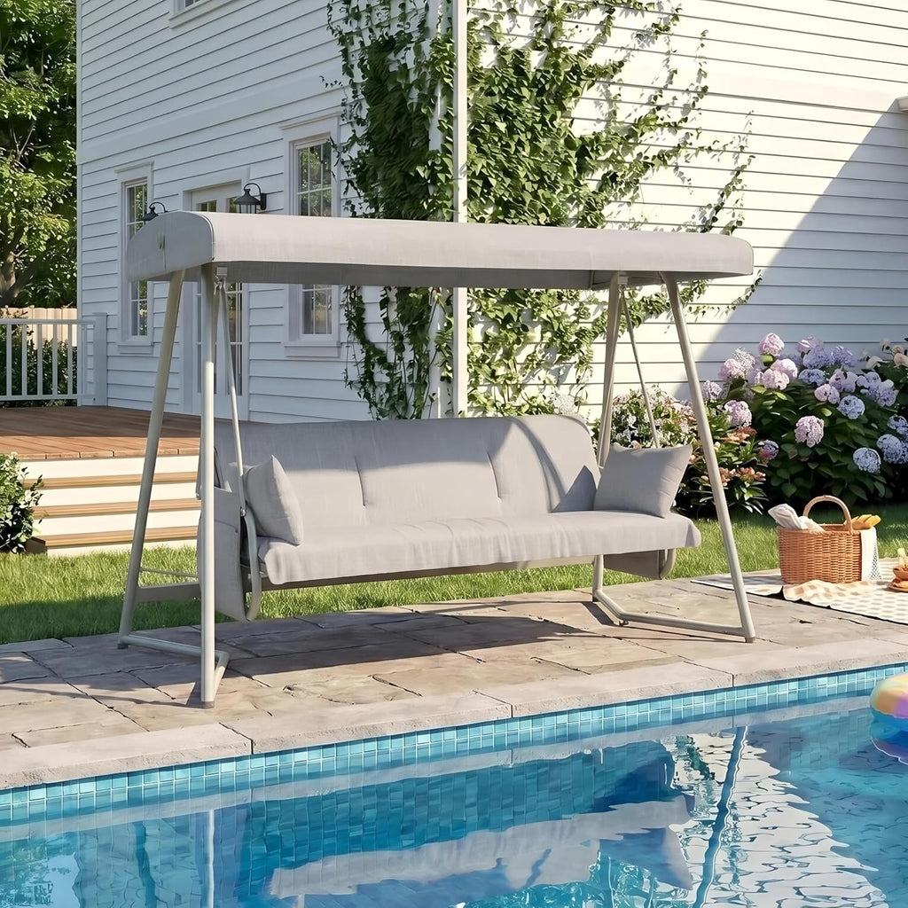 3-4 Person Oversized Outdoor Porch Swing with Adjustable Backrest Canopy,2-in-1 Swing Bed 800 lbs Capacity,Patio Swing with Removable Cushions for Yard Garden Poolside Balcony