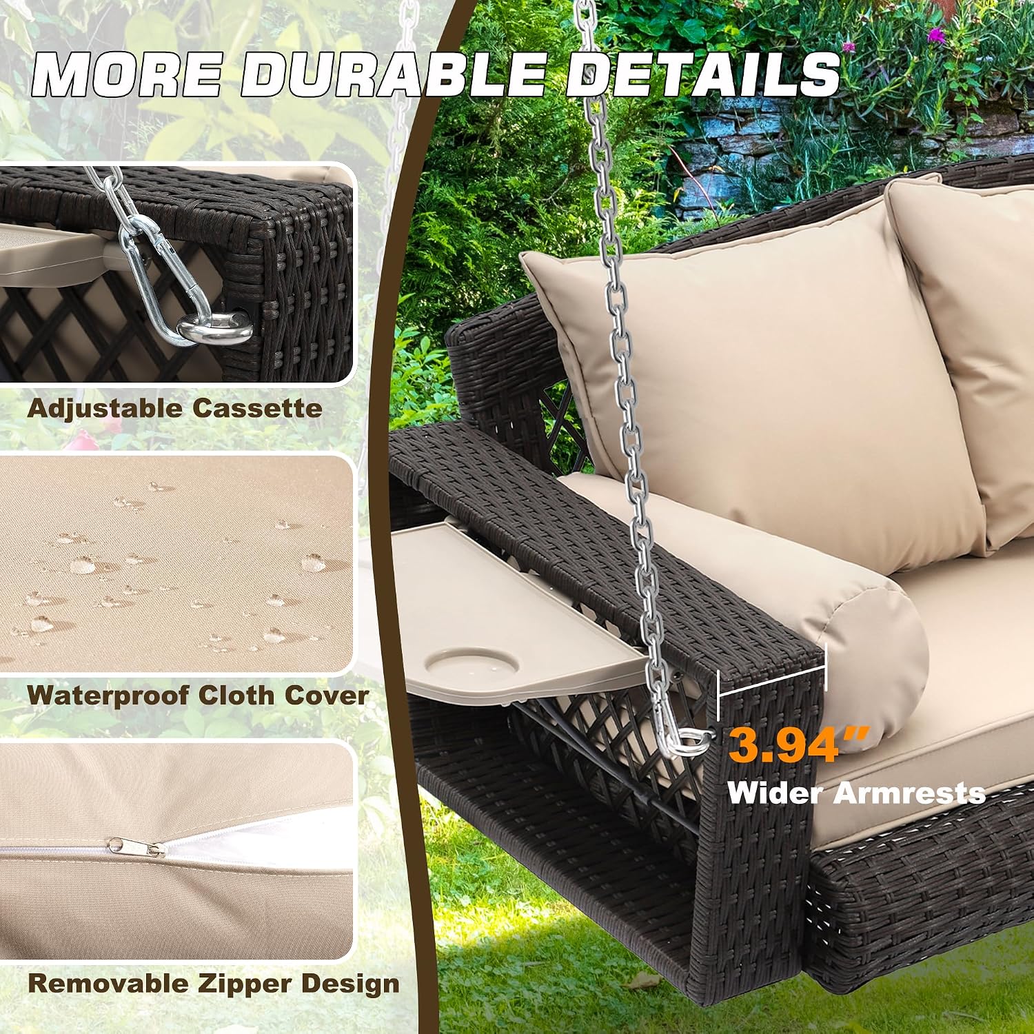 Grepatio 3 Person Porch Swing Patio Wicker Hanging Porch Swing Chair Outdoor Rattan Swing Bench with Cushion and Pillow for Garden, Yard, Lawn (Brown Rattan Khaki Cushion)