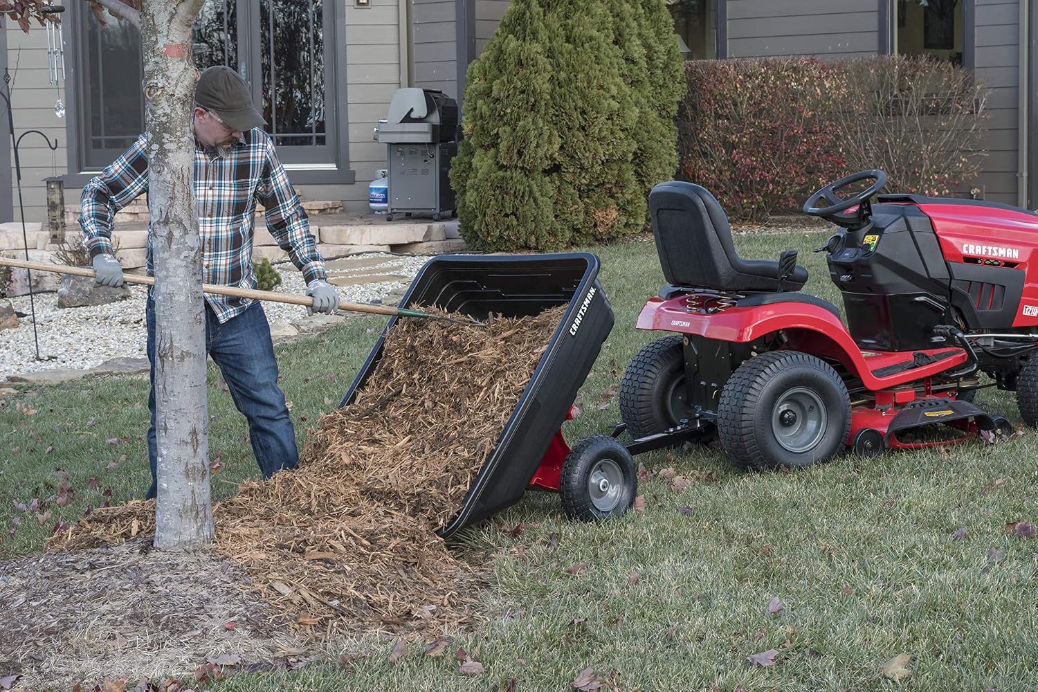 Craftsman CMXGZBF7124489 350 lb Load Capacity, Tow Behind Poly Dump/Swivel Cart, 10 CU FT Capacity; Lawn & Garden Cart/Trailer for Lawn Mowers, Easy to Use Hand Dumping Mechanism