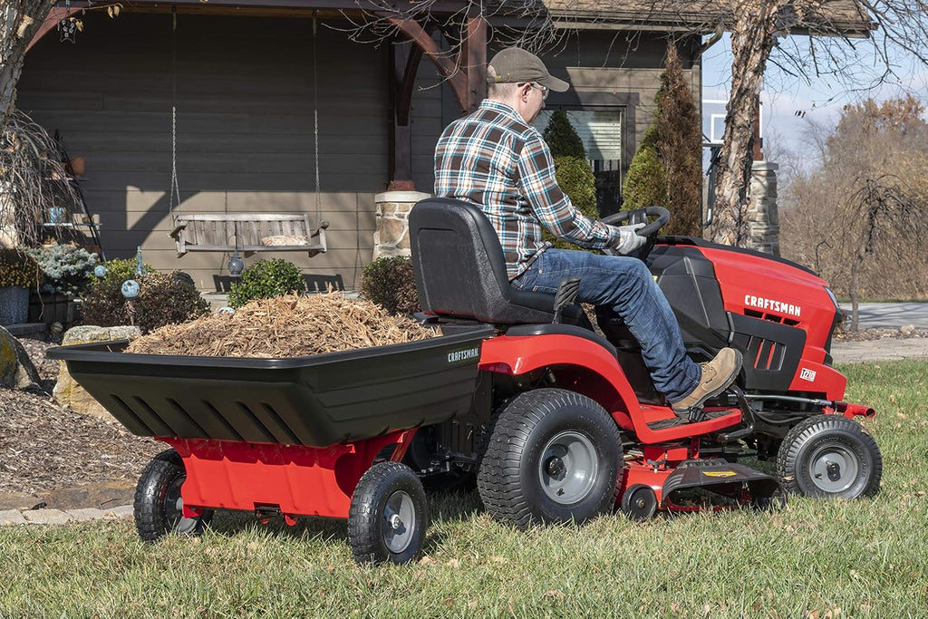Craftsman CMXGZBF7124489 350 lb Load Capacity, Tow Behind Poly Dump/Swivel Cart, 10 CU FT Capacity; Lawn & Garden Cart/Trailer for Lawn Mowers, Easy to Use Hand Dumping Mechanism