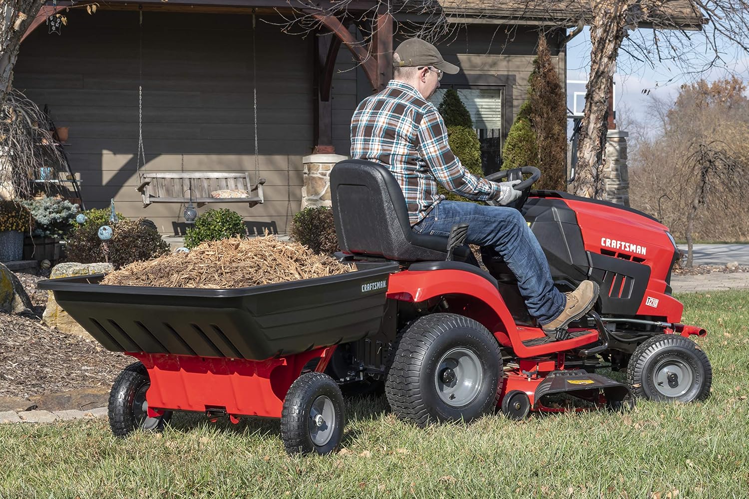 Craftsman CMXGZBF7124489 350 lb Load Capacity, Tow Behind Poly Dump/Swivel Cart, 10 CU FT Capacity; Lawn & Garden Cart/Trailer for Lawn Mowers, Easy to Use Hand Dumping Mechanism