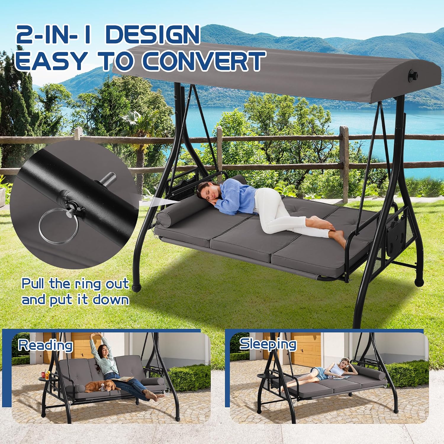 Patio Porch Swings with Adjustable Canopy - 3 Seat Outdoor Porch Swing Glider Bench with Stand, Heavy Duty Swing Bed W/Cushions Pillows and Cup Holder for Backyard Garden Lawn Poolside (Gray)