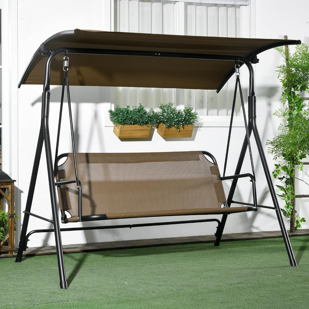 Outsunny 3-Person Porch Swing with Stand, Outdoor Swing for Patio Porch with Adjustable Tilt Canopy and Comfortable Swing Bench-Style Seat, Steel Frame, Brown