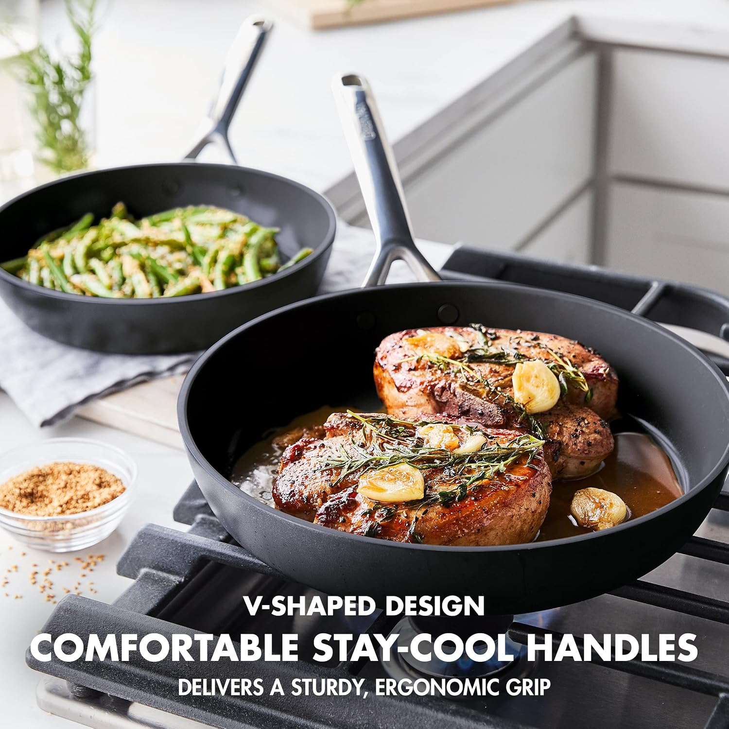 GreenPan GP5 Hard Anodized Healthy Ceramic Nonstick 14 Piece Cookware Pots & Pans Set,Heavy Gauge Scratch Resistant, Stay Flat Surface,Induction, Mirror Finish Handle,Oven Safe, PFAS-Free, Black