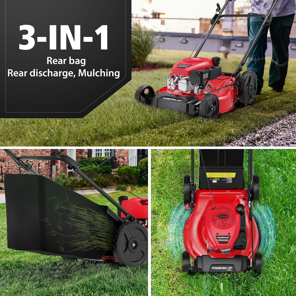 PowerSmart 21-Inch Gas Push Lawn Mower with B&S Engine, 3-in-1 (Bag/Mulch/Rear Discharge),6 Cutting Heights, Durable Steel Deck, Rear-Wheel Drive