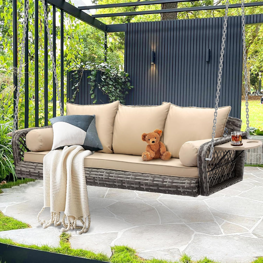 Wicker Porch Swing, 3-Seats Rattan Hanging Swing Chair, Outdoor Patio Grey Rattan Swing Bench with Cushions & Foldable Tray for Patio Backyard Poolside Garden, Khaki