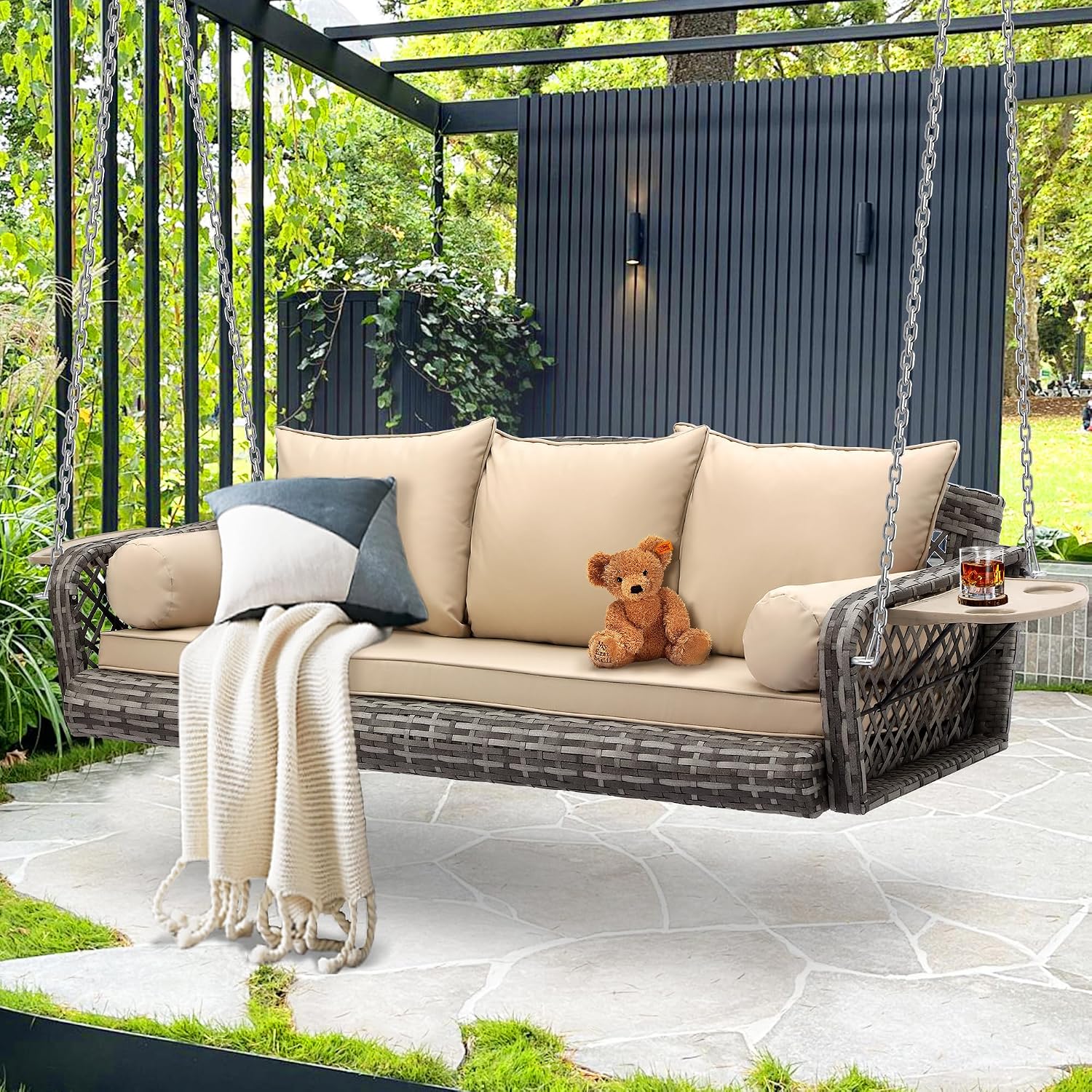 Wicker Porch Swing, 3-Seats Rattan Hanging Swing Chair, Outdoor Patio Grey Rattan Swing Bench with Cushions & Foldable Tray for Patio Backyard Poolside Garden, Khaki