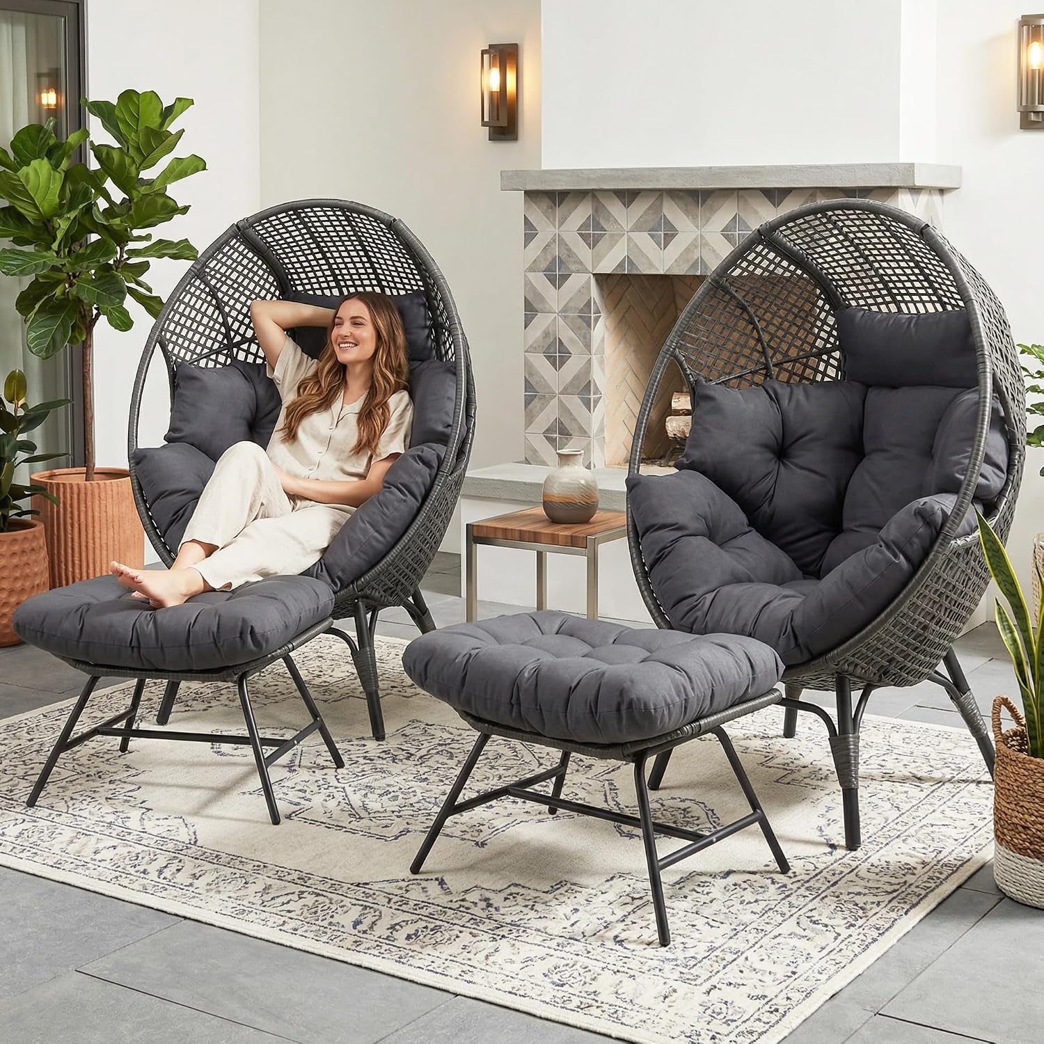 NICESOUL Outdoor Egg Chair with Footrest, XL Large Cushioned Double Egg Seat w/Legs for 2 People, 440lbs Egg-Shape Lounge Chair w/Ottoman Set of 2, Modern Stationary Patio Seating for Reading, Grey