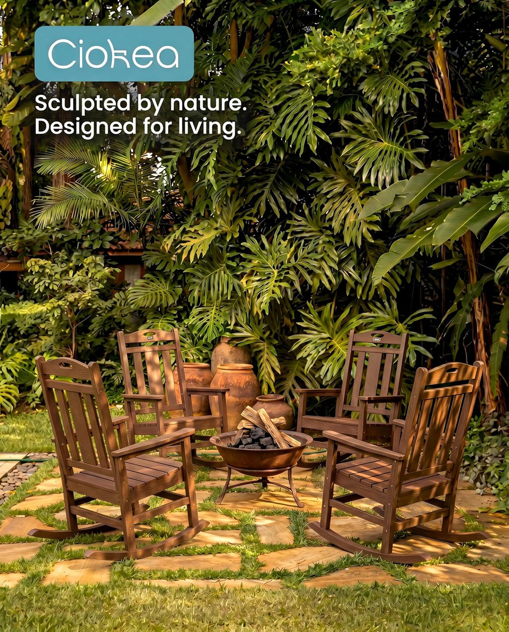 Ciokea Oversized Outdoor Rocking Chairs Set of 2, 380lbs Heavy-Duty Large Patio Rocker, High Back Cozy Porch Chairs, Weather Resistant Patio Rocking Chairs for Outside, Fire Pit, Deck, Brown