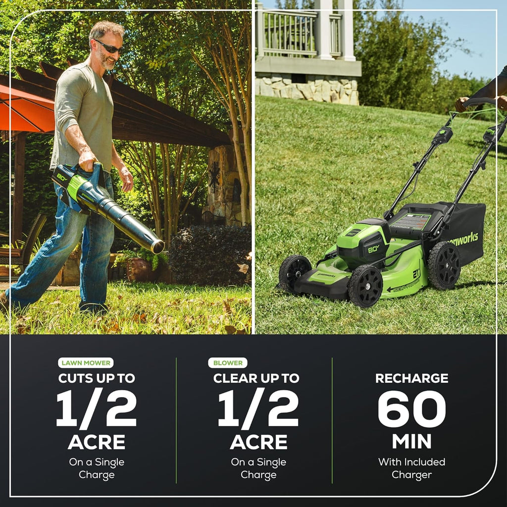 Greenworks 80V 21' Brushless (Self-Propelled) Cordless Electric Lawn Mower + (580 CFM) Axial Leaf Blower (75+ Compatible Tools), 4.0Ah Battery and 60 Minute Rapid Charger, Green and Black