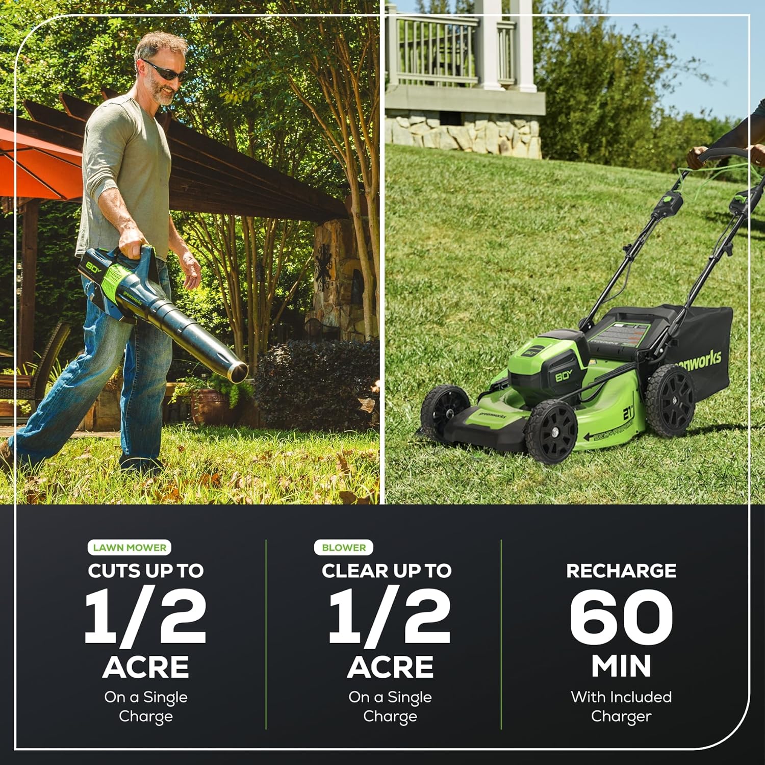Greenworks 80V 21' Brushless (Self-Propelled) Cordless Electric Lawn Mower + (580 CFM) Axial Leaf Blower (75+ Compatible Tools), 4.0Ah Battery and 60 Minute Rapid Charger, Green and Black