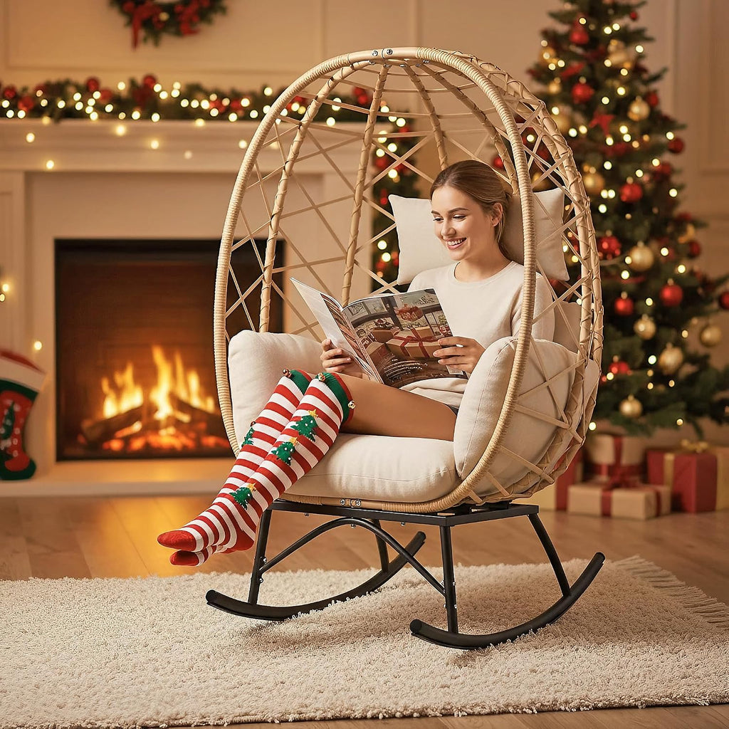 SWITTE Wicker Egg Rocking Chair Outdoor, Oversized Patio Lounge Chairs with Cushion for Indoor Living Room, Bedroom, Outside Backyard Balcony-Beige
