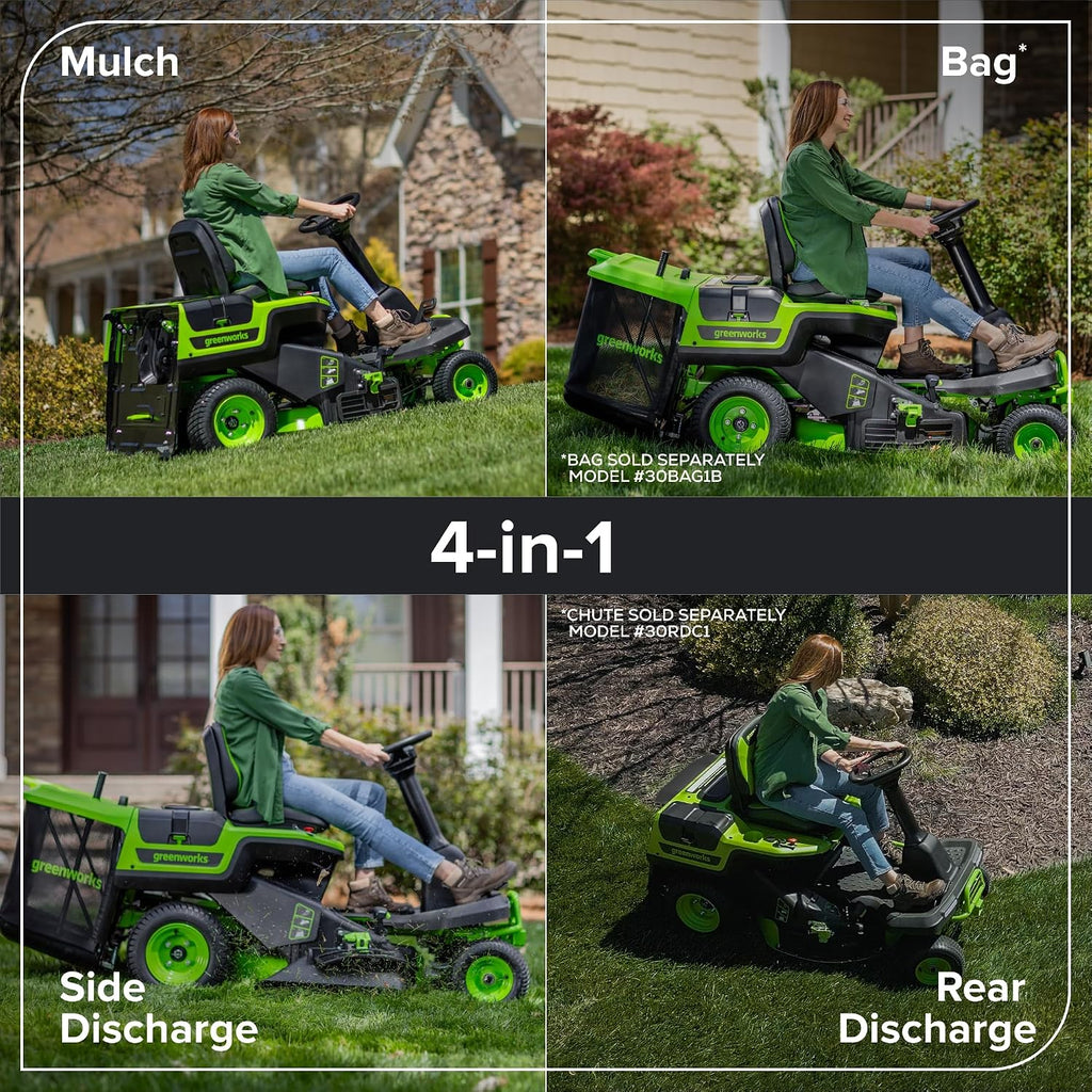 Greenworks 80V 30' Cordless Riding Lawn Tractor, (4) 6.0Ah Batteries and 600W Charger