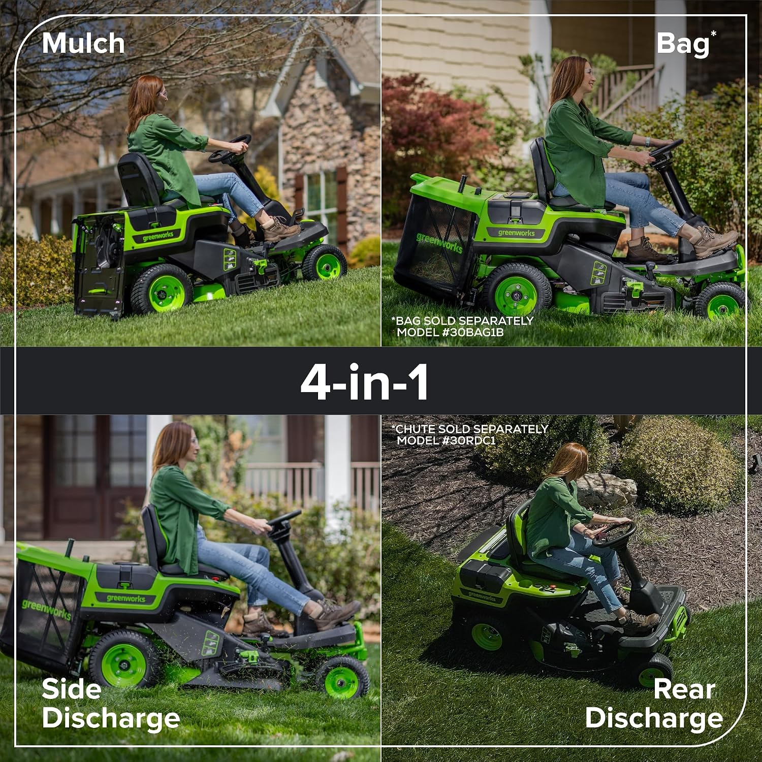 Greenworks 80V 30' Cordless Riding Lawn Tractor, (4) 6.0Ah Batteries and 600W Charger