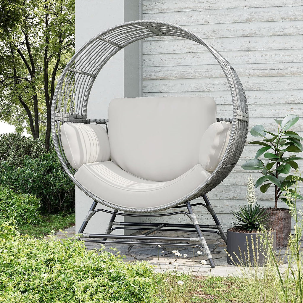 Fancyango Egg Chair Outdoor Indoor, Oversized Rattan Chair with Thicken Cushion, 350LBS Capacity Wicker Patio Lounge Chair, Basket Chair for Living Room Balcony Porch Backyard, Grey/Light Grey