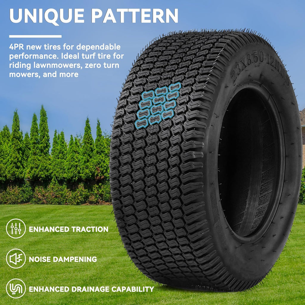 YITAMOTOR 23x8.50-12 Lawn Mower Tires (Set of 2), 4 Ply Tubeless Tractor Turf Tire, 23x8.50x12 Lawnmower Tires Fits Most Lawn & Garden Vehicle, 1190LBS Capacity