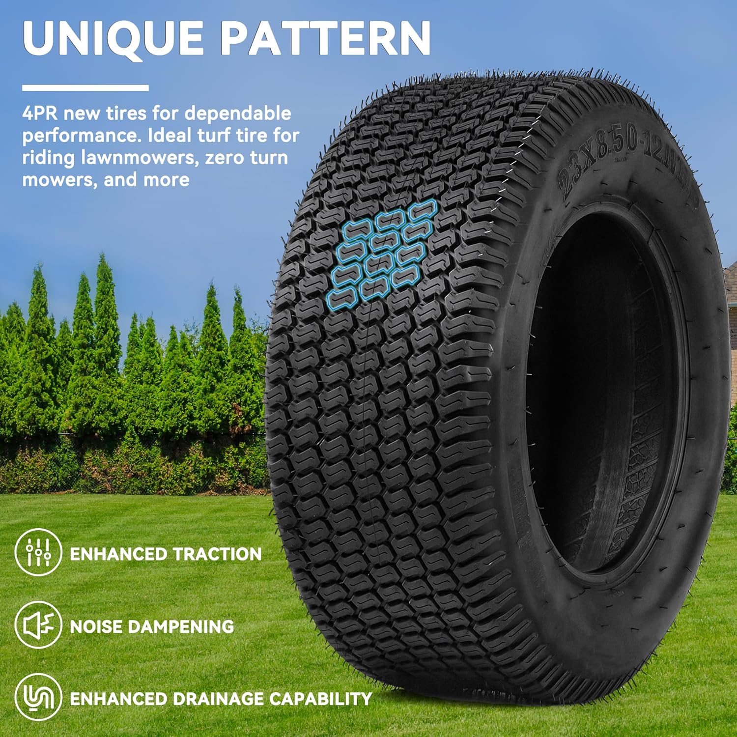 YITAMOTOR 23x8.50-12 Lawn Mower Tires (Set of 2), 4 Ply Tubeless Tractor Turf Tire, 23x8.50x12 Lawnmower Tires Fits Most Lawn & Garden Vehicle, 1190LBS Capacity
