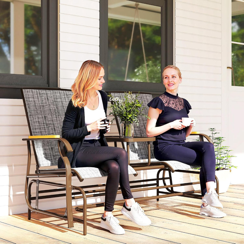 Outsunny 2 Person Outdoor Glider Bench, Patio Swing Glider Chair Loveseat with Breathable Mesh, Table, Steel Frame for Garden, Backyard, Porch, Gray
